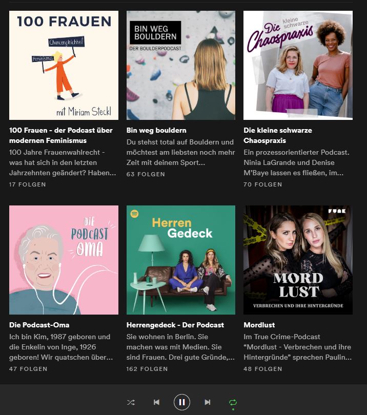 sechs Cover von Podcast-Kanälen auf schwarzem Hintergrund